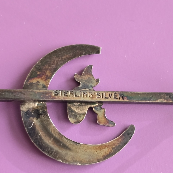 Vintage pixie and moon brooch bar pin Sterling Silver crescent elf fairy .925 - Picture 10 of 16